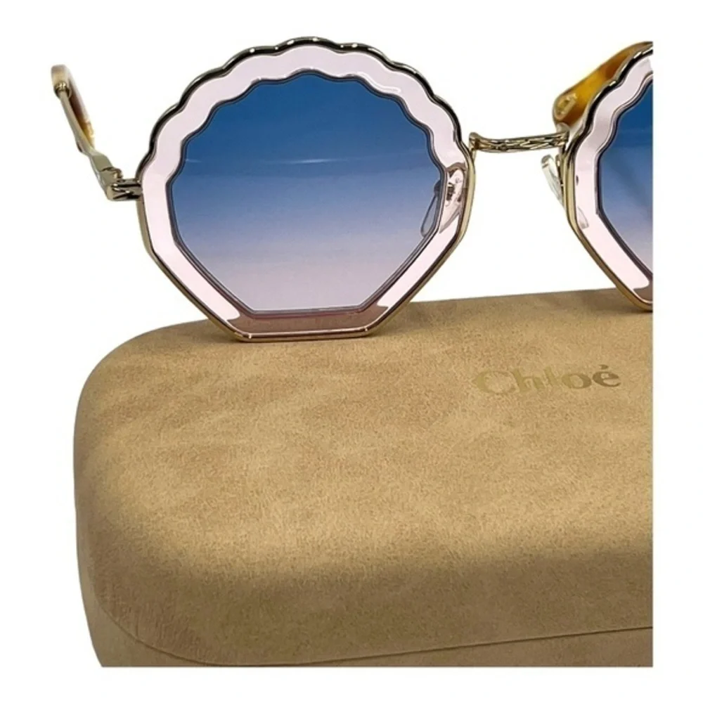 RARE Chloe Tally 56mm Scalloped Sunglasses Gold Pink Gradient Blue NWT